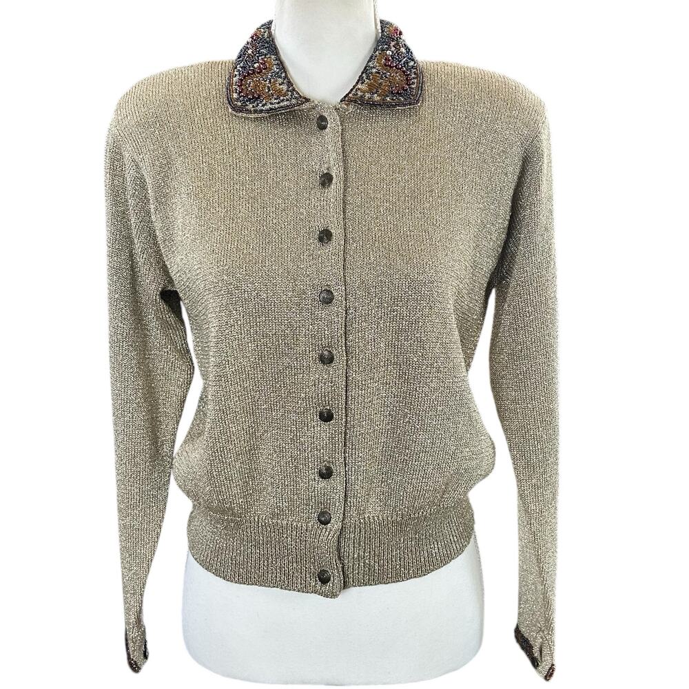 Valerie Stevens Cardigan Women Sz Small Metallic Gold Knit Beaded Buttoned Retro